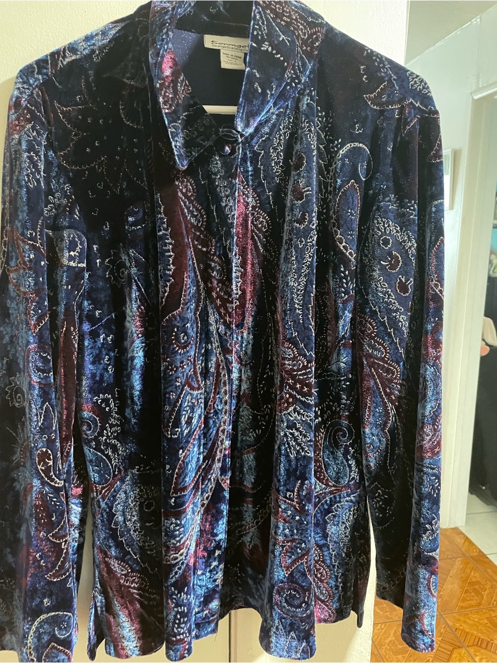 Vintage Serengeti Velvet Paisley Shirt in Navy and Burgundy Accents